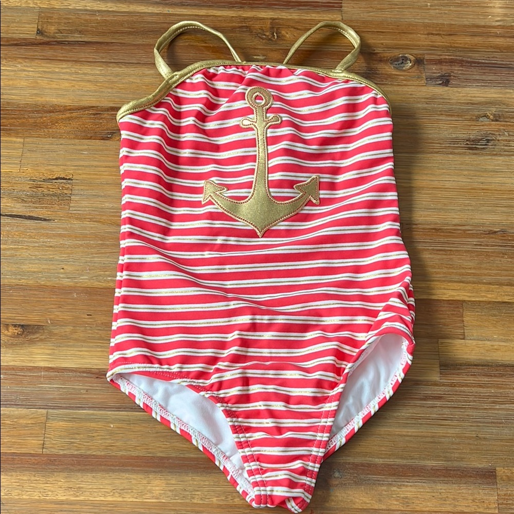 Love U Lots Girls Red Stripe Gold Anchor Swimsuit Size 4 NWT